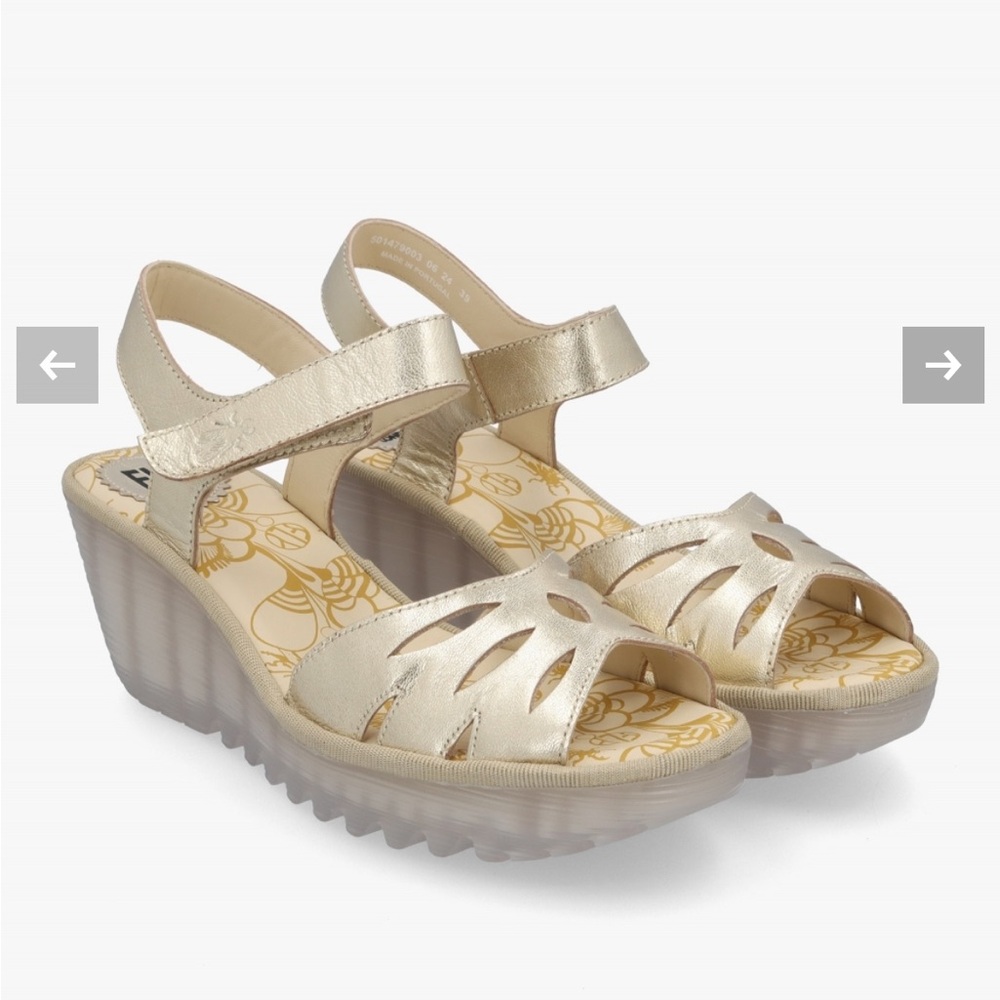 Fly London Metallic Gold Wedge Sandals - Picture 2 of 11